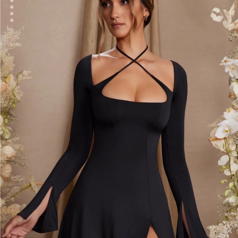 Black Bodycon Dress with Cut Out Bell Sleeves and Square Neck